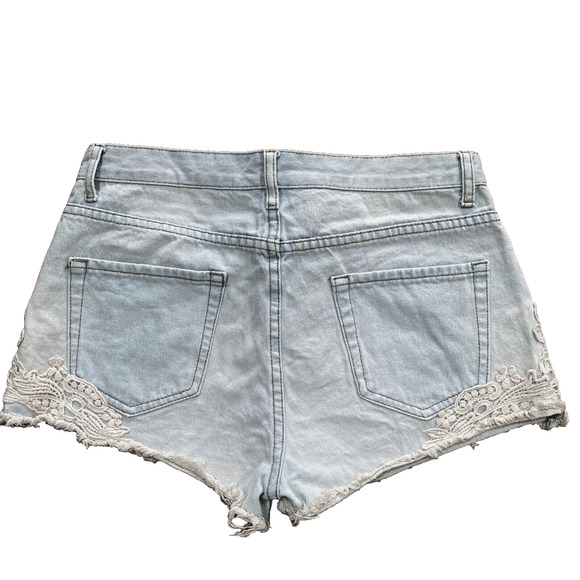 Forever 21 Size 29 High Rise Light Wash Cut Off Denim Jean Shorts Lace Details - Picture 6 of 8